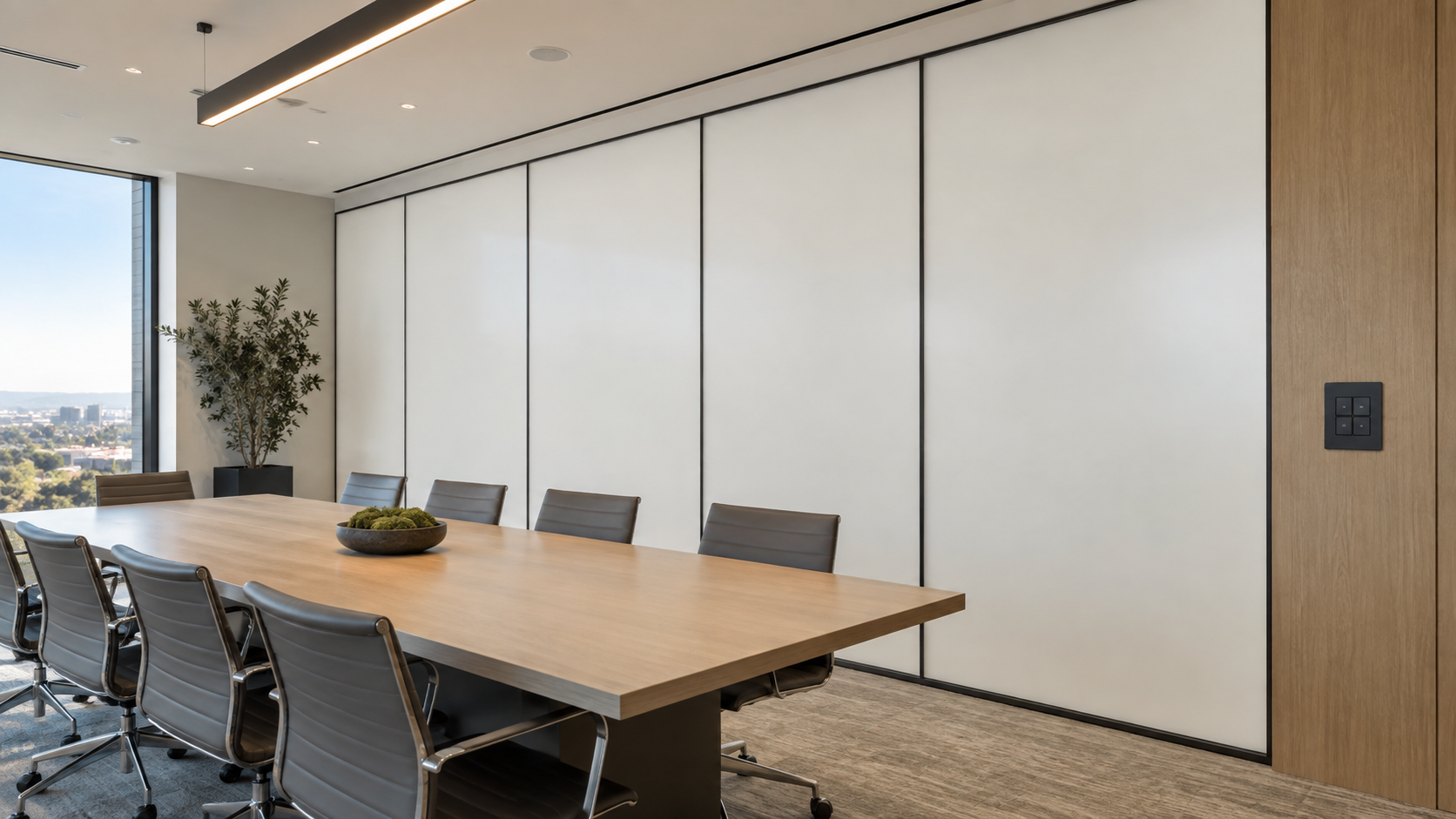 Building control beside opaque conference room privacy glass