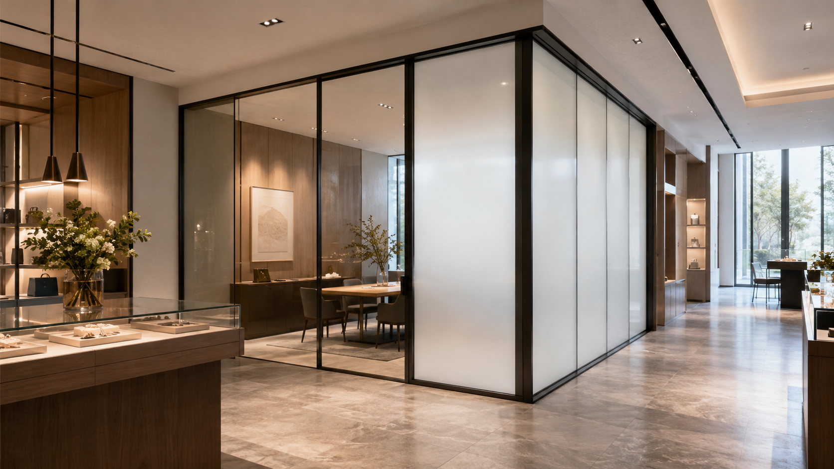 Commercial conference room with opaque smart privacy film