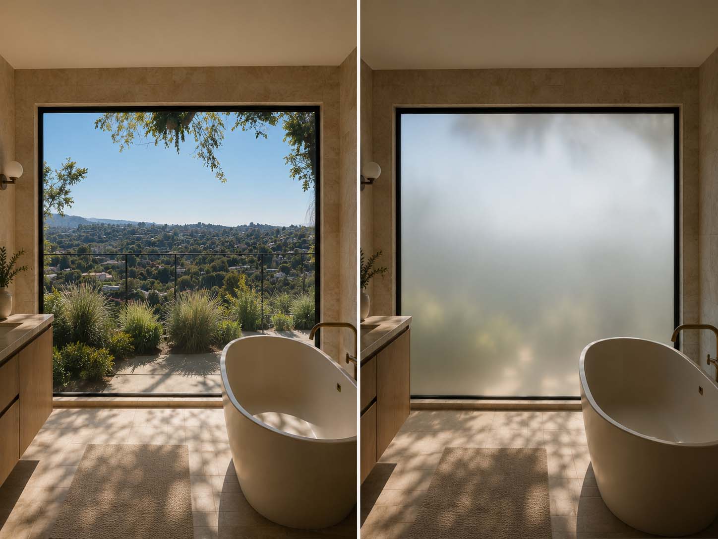 Bathroom glass with opaque frosted smart privacy film