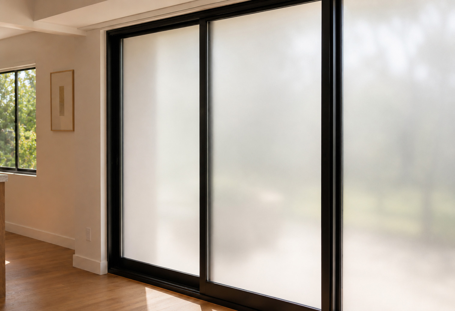 Frosted smart privacy film across a finished set of glass doors