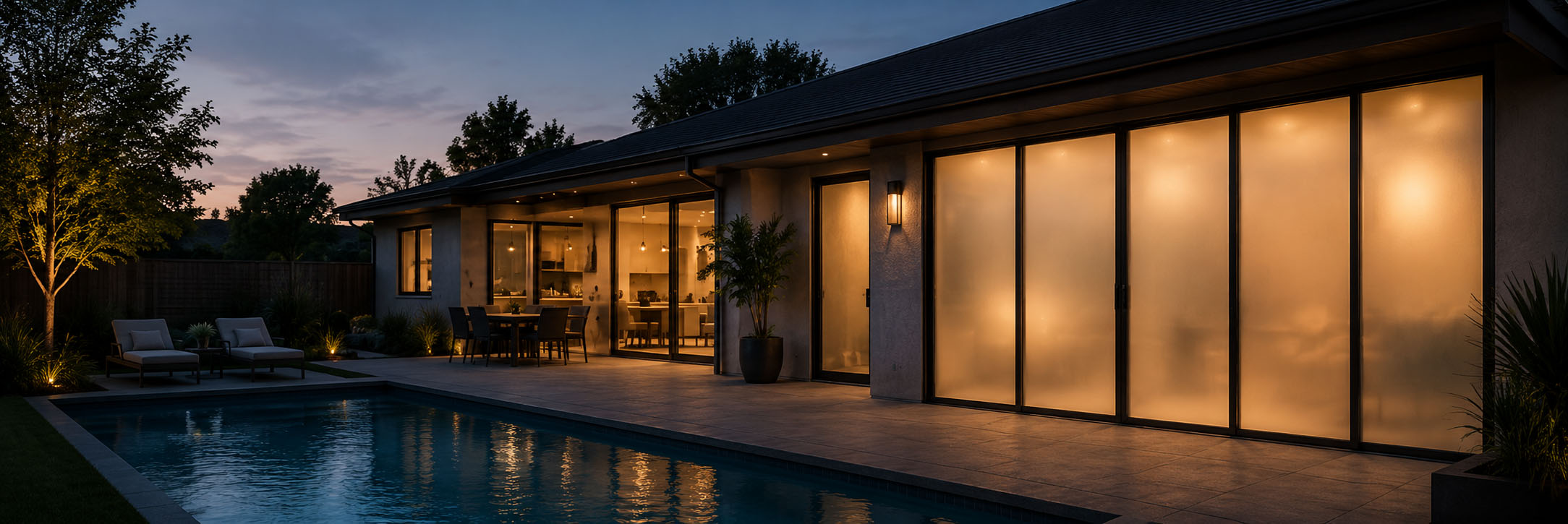 Exterior glazing with privacy film illuminated in the evening