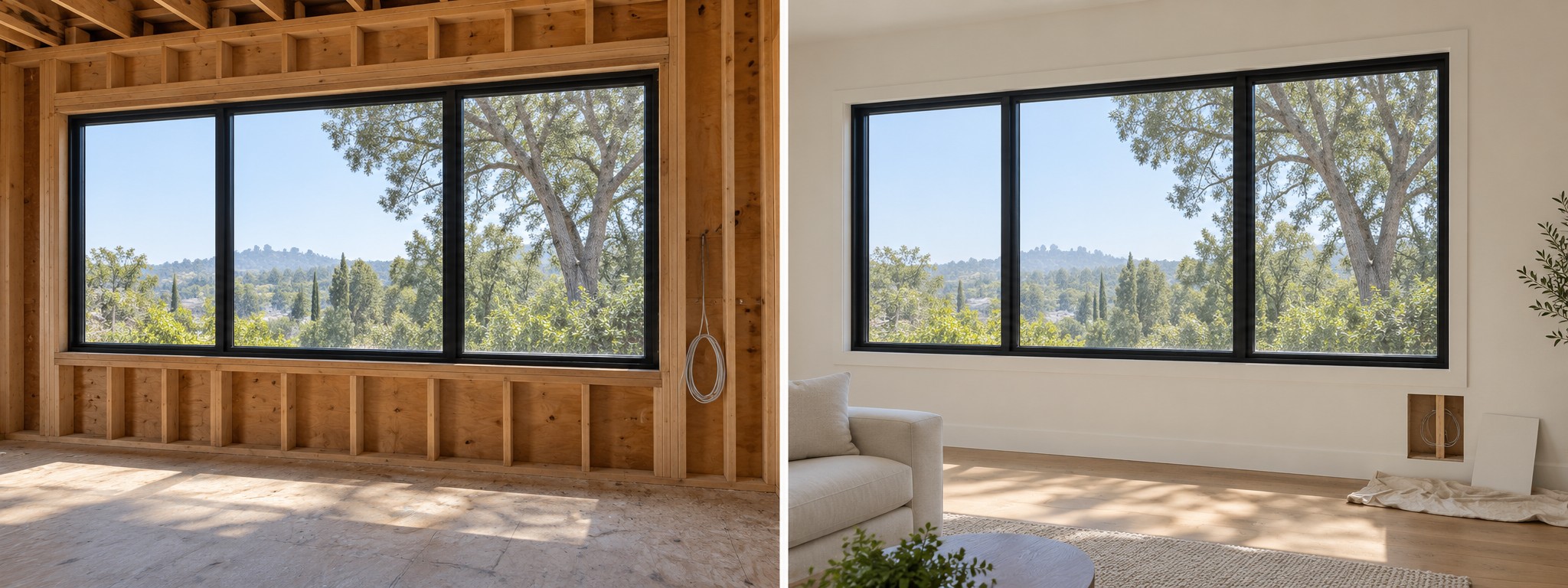 Window wall during construction, with the wood framing still open.