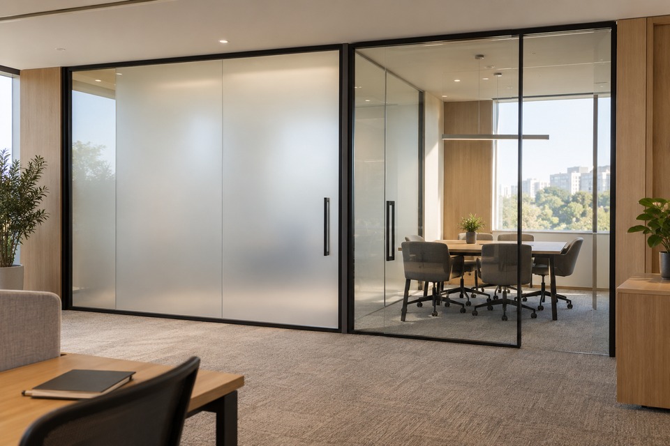 Frosted privacy glass beside clear meeting-room glazing in a naturally lit office.