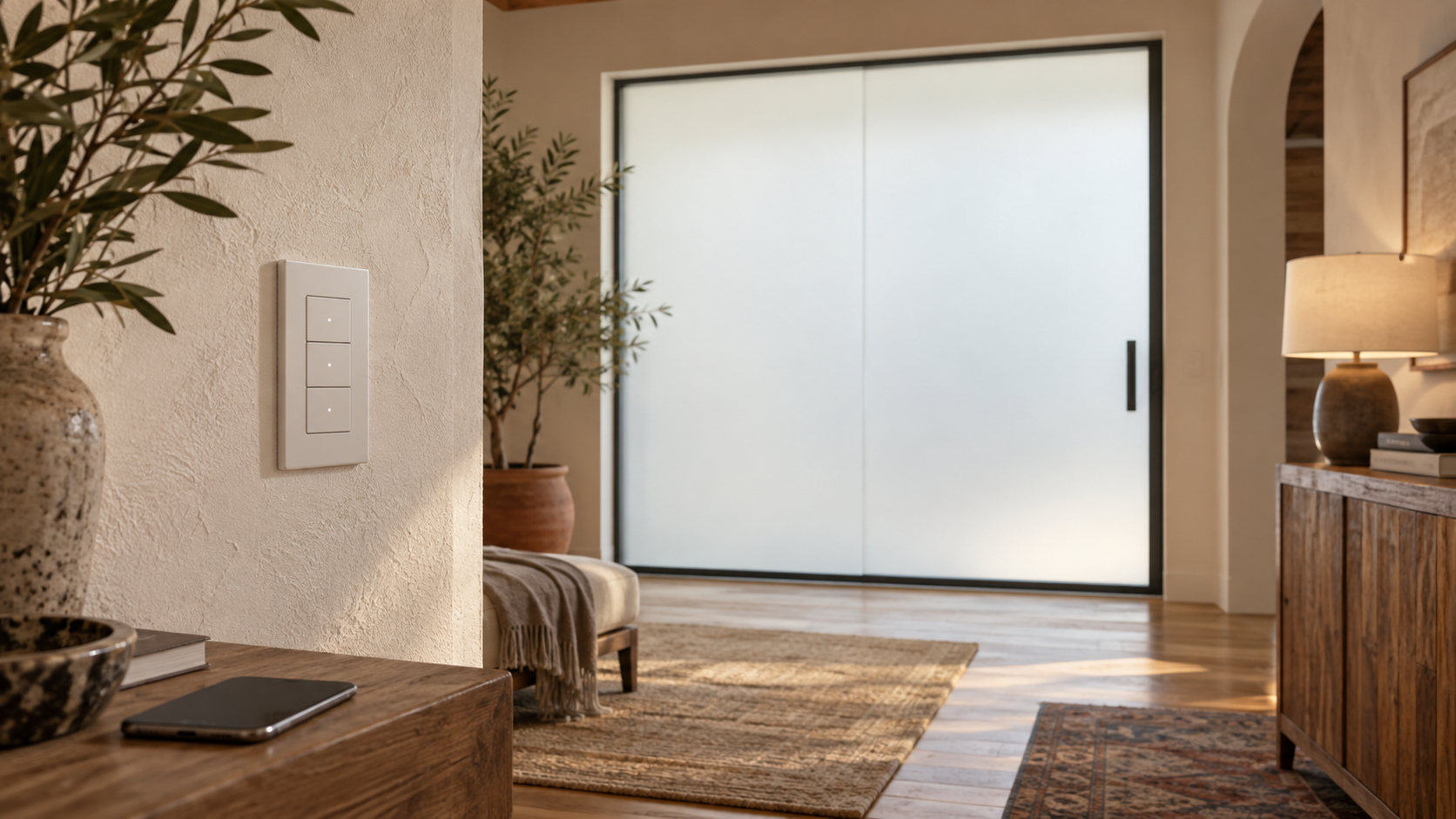 Wall control and smart-home interface for privacy film